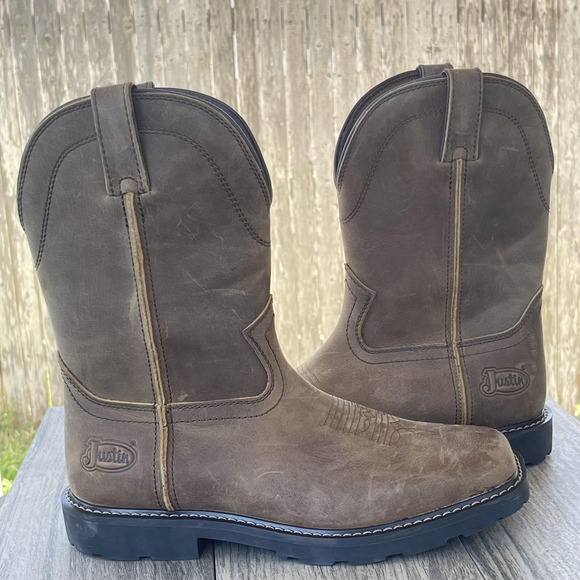 Justin Western Boots Men 8D Brown Leather Water Buffalo Safety EH SR MJ1015 NEW - Picture 2 of 13